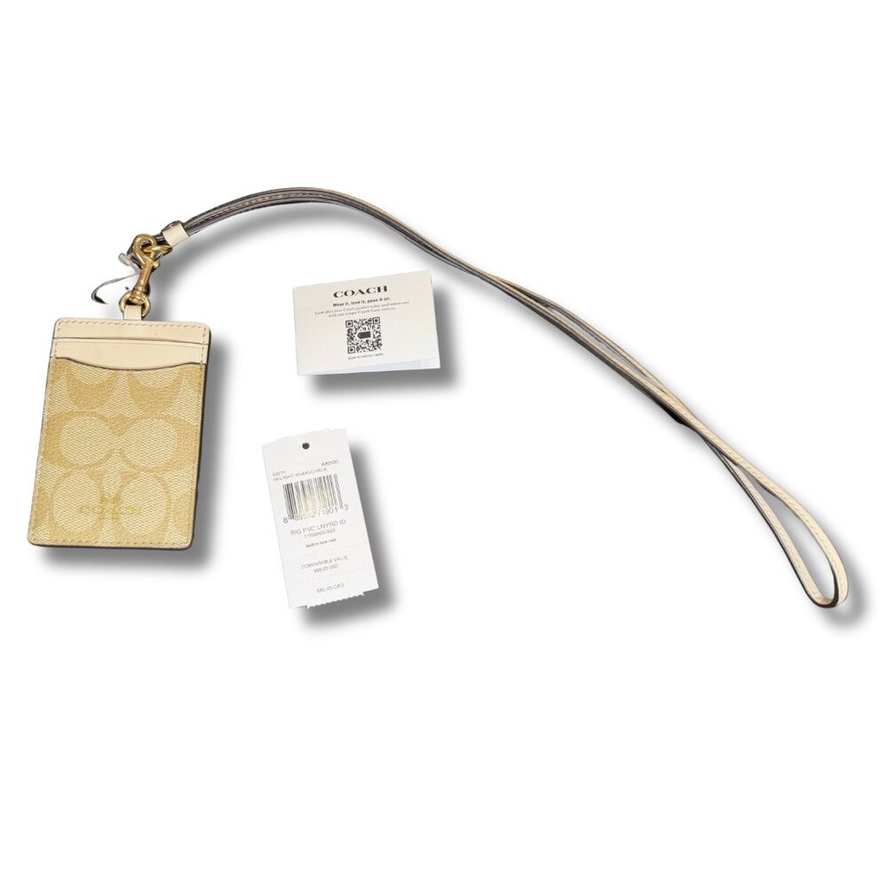 NWT Coach Signature Canvas Lanyard ID Holder Khaki Chalk Gold Hardware - Picture 2 of 2